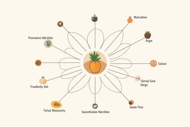 Diagramma scientifico che rappresenta un approccio olistico alla nutrizione