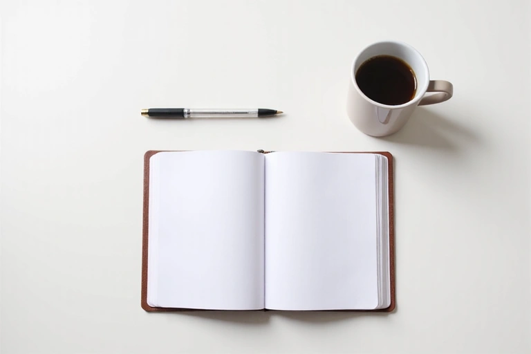 Quaderno aperto con penna e una tazza di caffè, simbolo di scrittura e aggiornamenti.