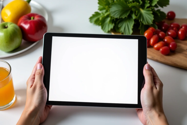 Una persona che legge un blog su un tablet circondata da alimenti sani e un bicchiere d'acqua.