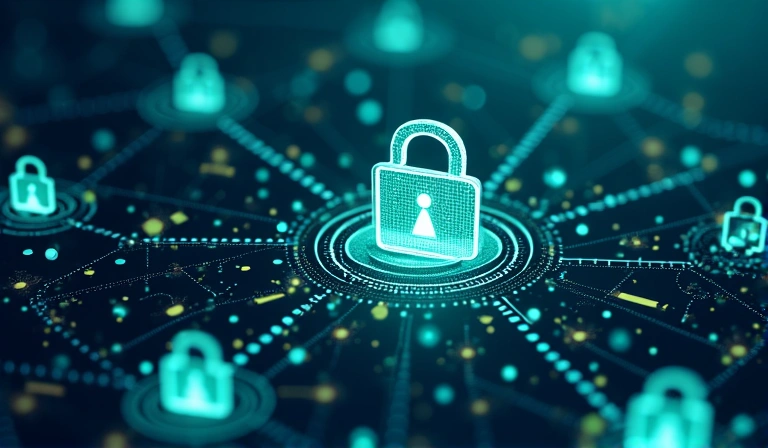 Immagine che rappresenta la proprietà intellettuale e la protezione dei dati online, con icone di copyright e lucchetti.